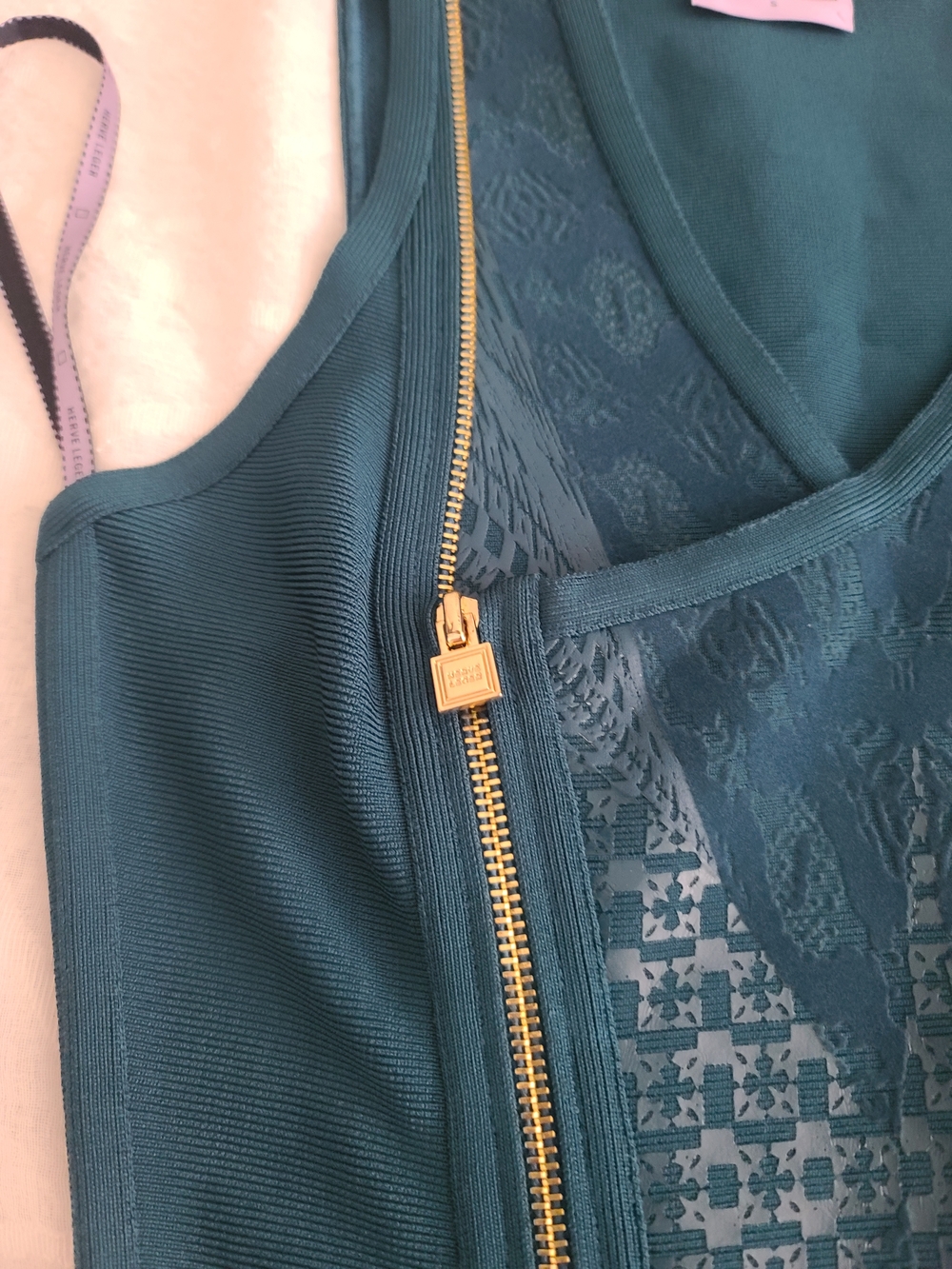 Herve Leger Teal Asymmetrical Zip Fit-and-Flare Midi Dress - Picture 5 of 13